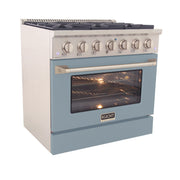 Kucht Professional 36" 5.2 cu ft. Natural Gas Range with Light Blue Door and Silver Knobs, KNG361-LE