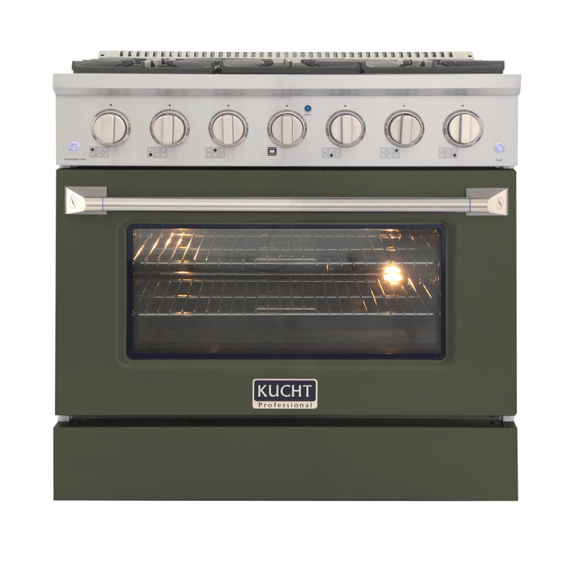 Kucht Professional 36" 5.2 cu ft. Natural Gas Dual Fuel Range with Olive Green Door and Silver Knobs, KDF362-OG