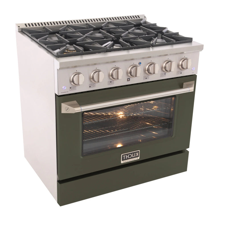 Kucht Professional 36" 5.2 cu ft. Propane Gas Dual Fuel Range with Olive Green Door and Silver Knobs, KDF362/LP-OG