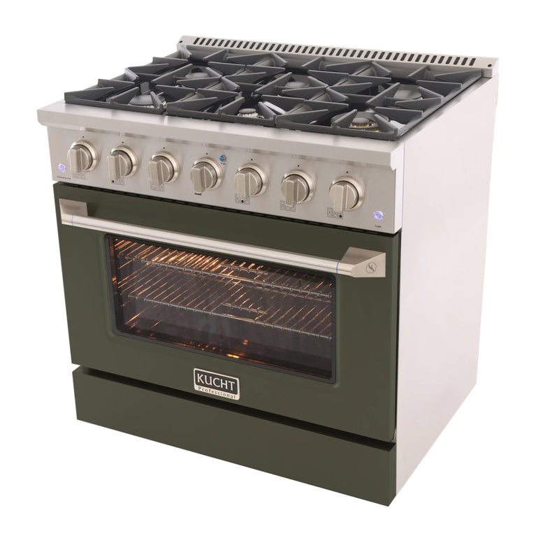 Kucht Professional 36" 5.2 cu ft. Natural Gas Dual Fuel Range with Olive Green Door and Silver Knobs, KDF362-OG