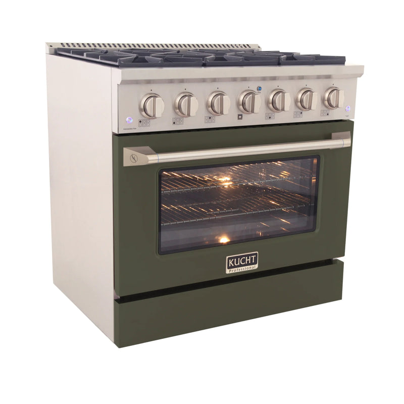 Kucht Professional 36" 5.2 cu ft. Propane Gas Dual Fuel Range with Olive Green Door and Silver Knobs, KDF362/LP-OG