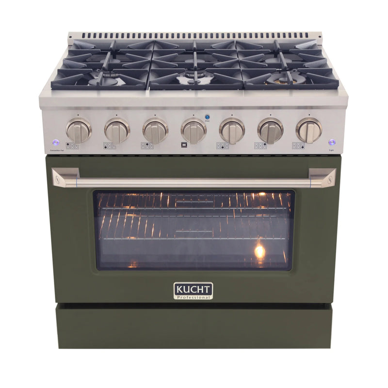 Kucht Professional 36" 5.2 cu ft. Natural Gas Dual Fuel Range with Olive Green Door and Silver Knobs, KDF362-OG