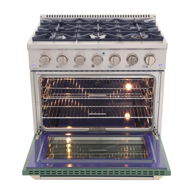 Kucht Professional 36" 5.2 cu ft. Propane Gas Range with Green Door and Silver Knobs, KNG361/LP-G