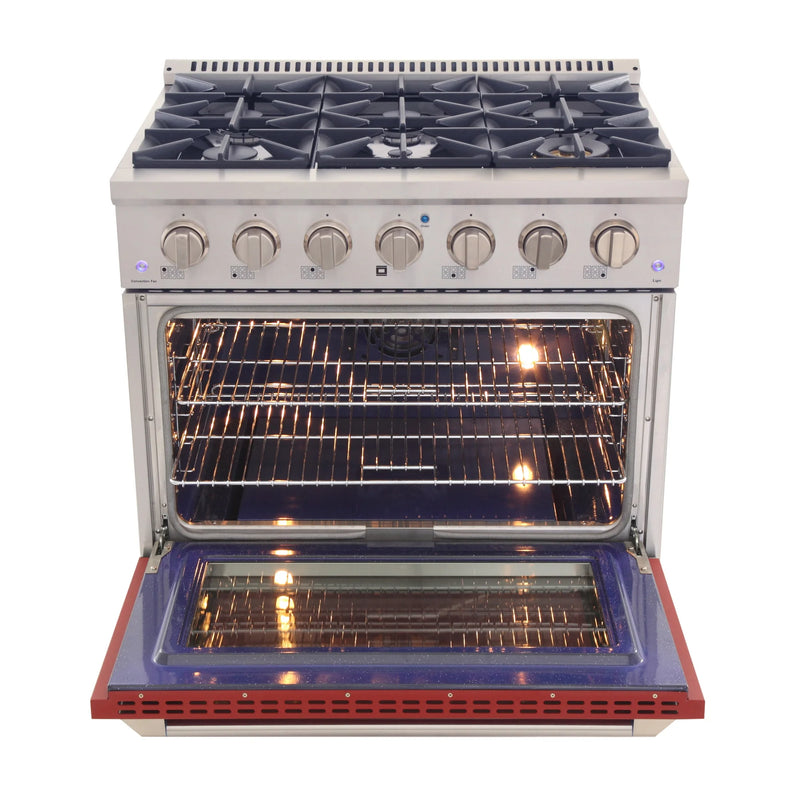 Kucht Professional 36" 5.2 cu ft. Propane Gas Dual Fuel Range with Red Door and Silver Knobs, KDF362/LP-R