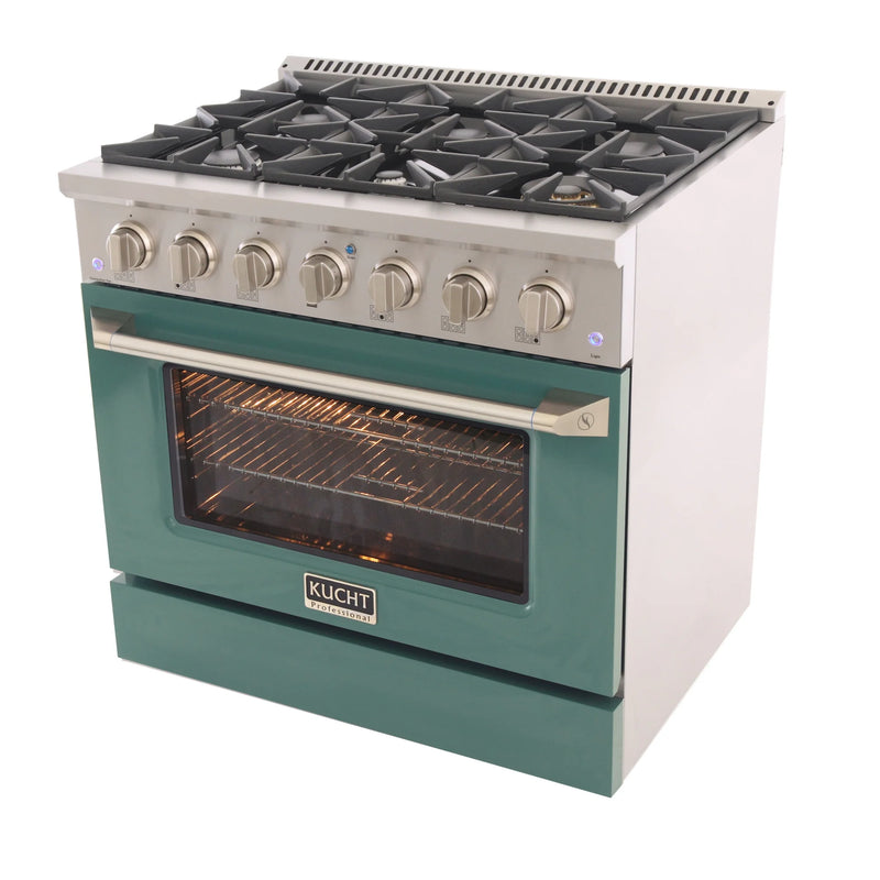 Kucht Professional 36" 5.2 cu ft. Propane Gas Dual Fuel Range with Green Door and Silver Knobs, KDF362/LP-G