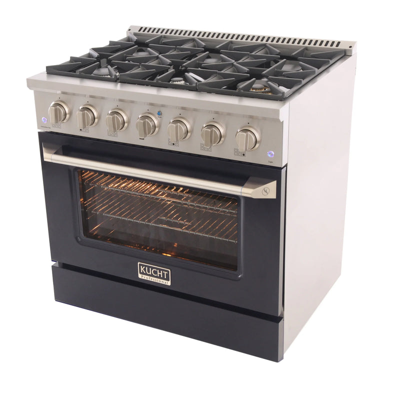 Kucht Professional 36" 5.2 cu ft. Propane Gas Dual Fuel Range with Black Door and Silver Knobs, KDF362/LP-K