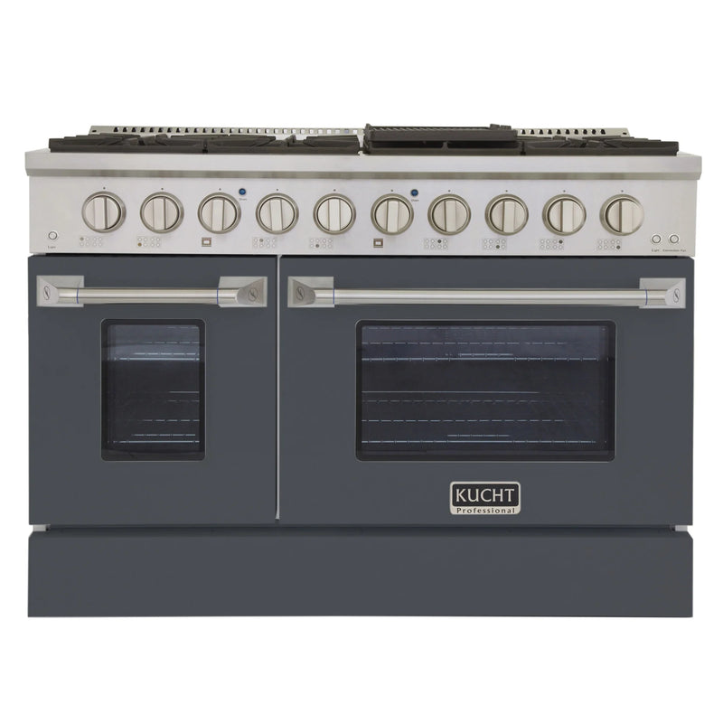 Kucht Professional 48" 6.7 cu ft. Propane Gas Dual Fuel Range with Cement Gray Door and Silver Knobs, KDF482/LP-GR
