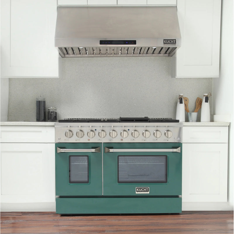 Kucht Professional 48" 6.7 cu ft. Propane Gas Dual Fuel Range with Green Door and Silver Knobs, KDF482/LP-G