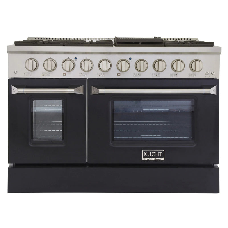 Kucht Professional 48" 6.7 cu ft. Propane Gas Range with Black Door and Silver Knobs, KNG481/LP-K