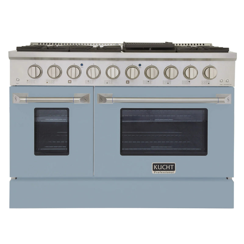 Kucht Professional 48" 6.7 cu ft. Propane Gas Dual Fuel Range with Light Blue Door and Silver Knobs, KDF482/LP-LB