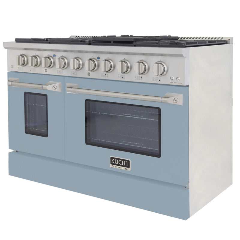 Kucht Professional 48" 6.7 cu ft. Propane Gas Dual Fuel Range with Light Blue Door and Silver Knobs, KDF482/LP-LB