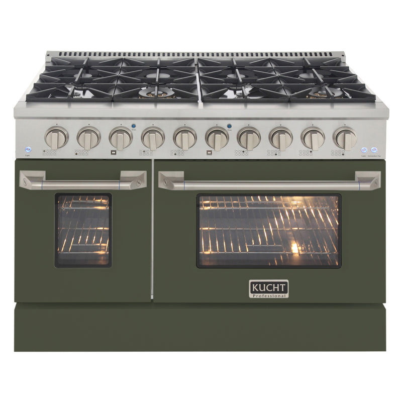 Kucht Professional 48" 6.7 cu ft. Propane Gas Range with Olive Green Door and Silver Knobs, KNG481/LP-ON