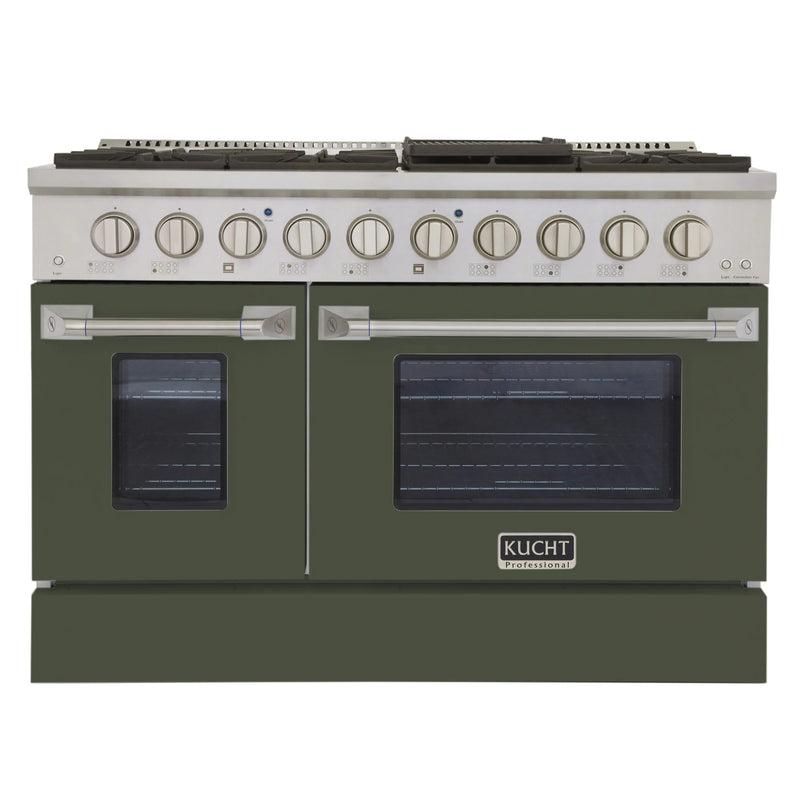 Kucht Professional 48" 6.7 cu ft. Natural Gas Dual Fuel Range with Olive Green Door and Silver Knobs, KDF482-OG