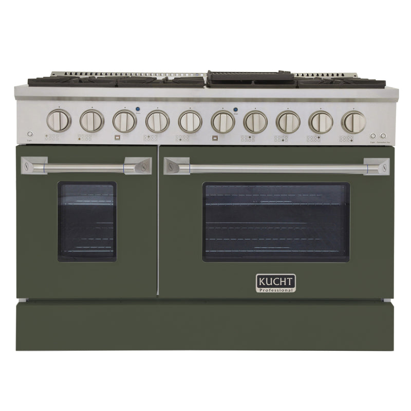 Kucht Professional 48" 6.7 cu ft. Propane Gas Range with Olive Green Door and Silver Knobs, KNG481/LP-ON