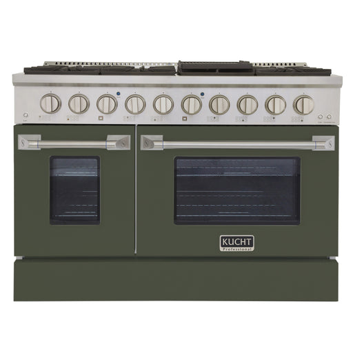 Kucht Professional 48" 6.7 cu ft. Propane Gas Range with Olive Green Door and Silver Knobs, KNG481/LP-ON