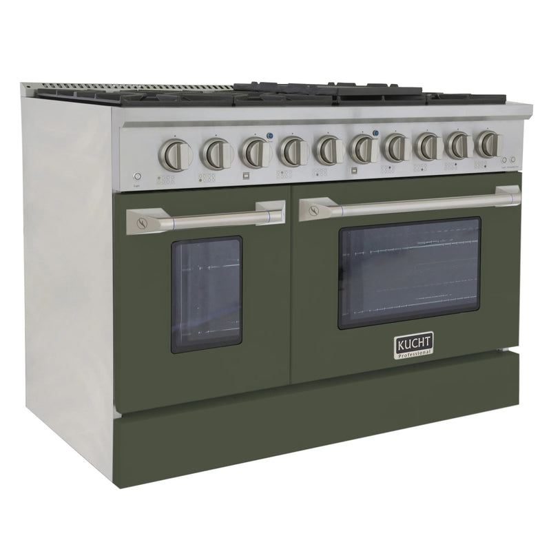 Kucht Professional 48" 6.7 cu ft. Propane Gas Dual Fuel Range with Olive Green Door and Silver Knobs, KDF482/LP-OG