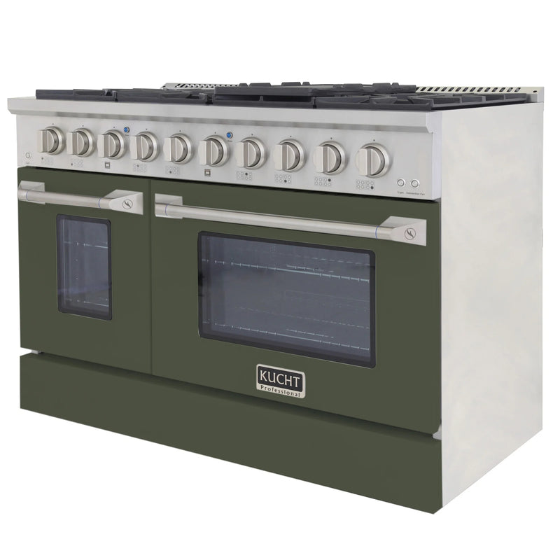 Kucht Professional 48" 6.7 cu ft. Propane Gas Dual Fuel Range with Olive Green Door and Silver Knobs, KDF482/LP-OG