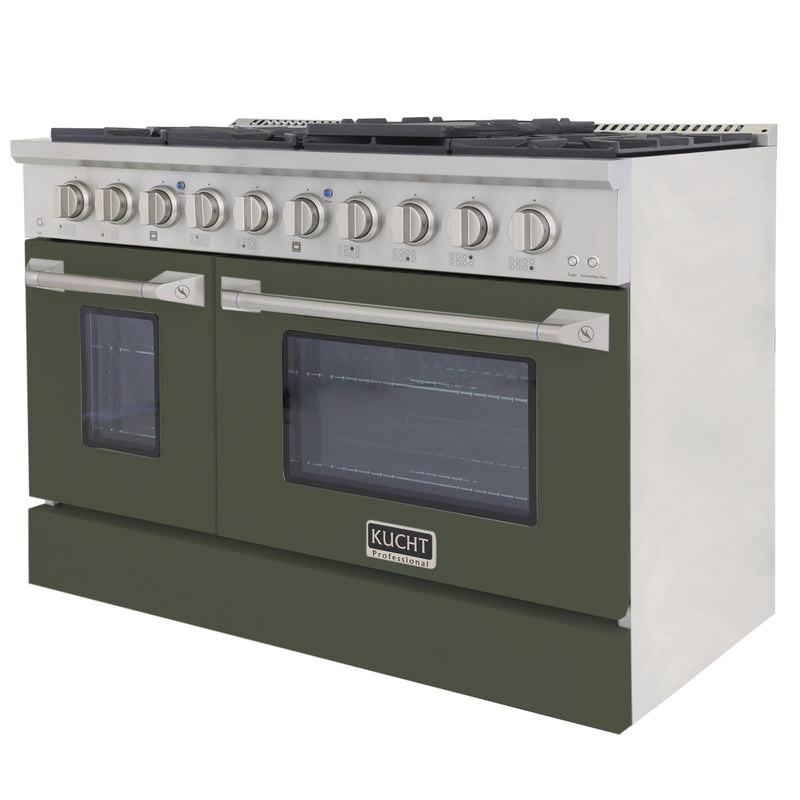 Kucht Professional 48" 6.7 cu ft. Propane Gas Range with Olive Green Door and Silver Knobs, KNG481/LP-ON