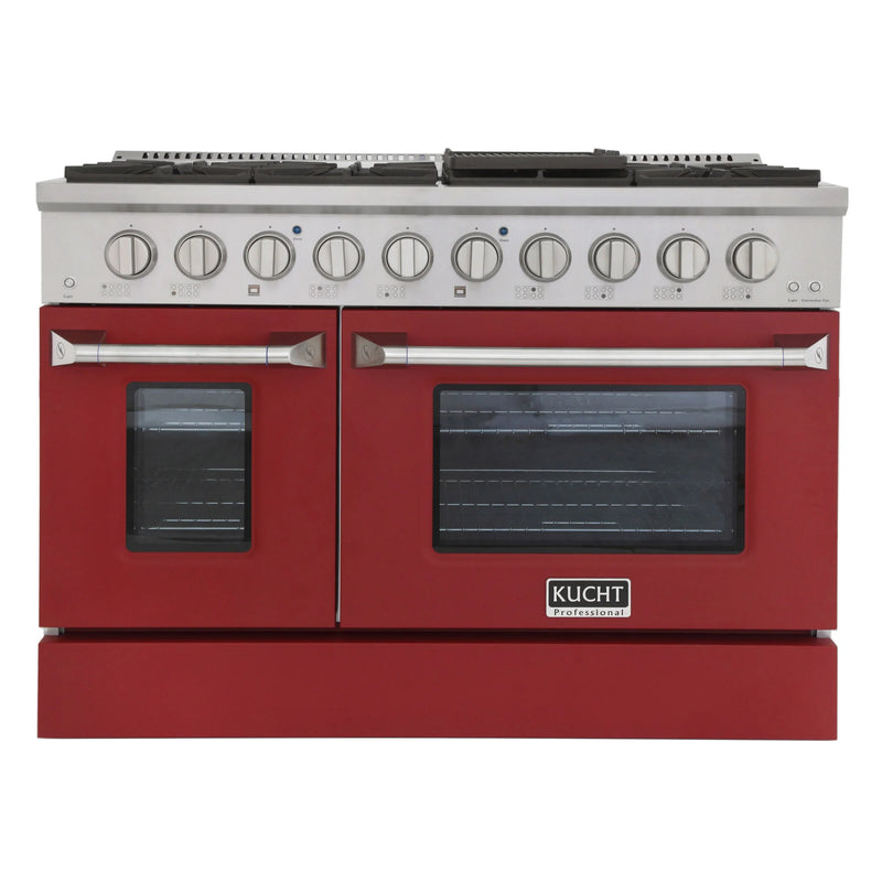 Kucht Professional 48" 6.7 cu ft. Natural Gas Dual Fuel Range with Red Door and Silver Knobs, KDF482-R