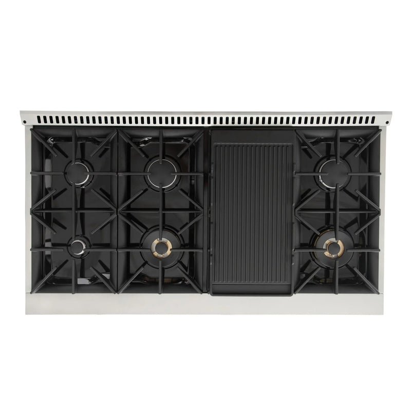 Kucht Professional 48" 6.7 cu ft. Propane Gas Dual Fuel Range with Black Door and Silver Knobs, KDF482/LP-K