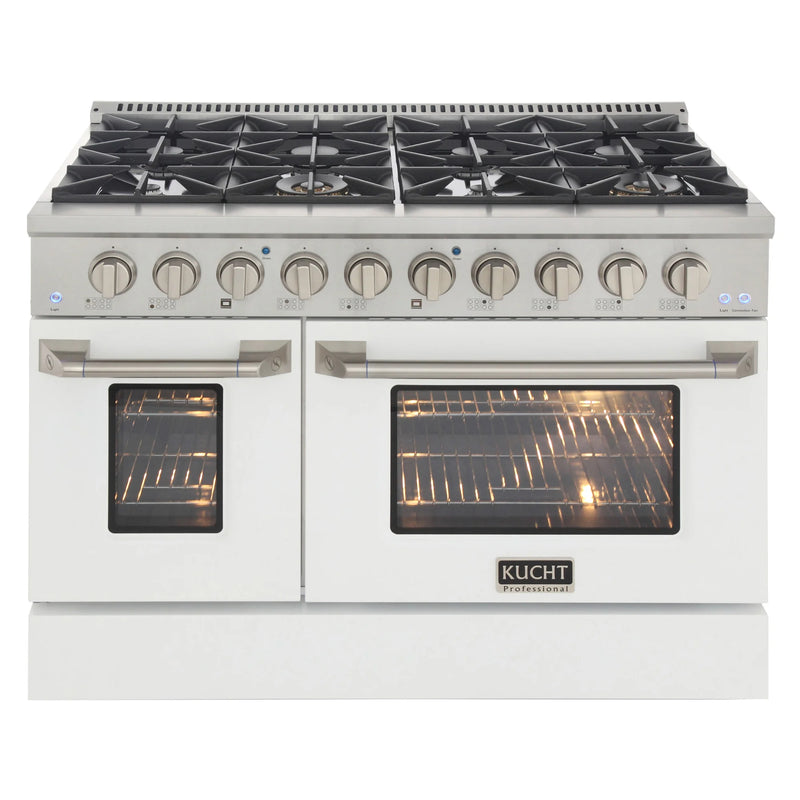 Kucht Professional 48" 6.7 cu ft. Natural Gas Dual Fuel Range with White Door and Silver Knobs, KDF482-W