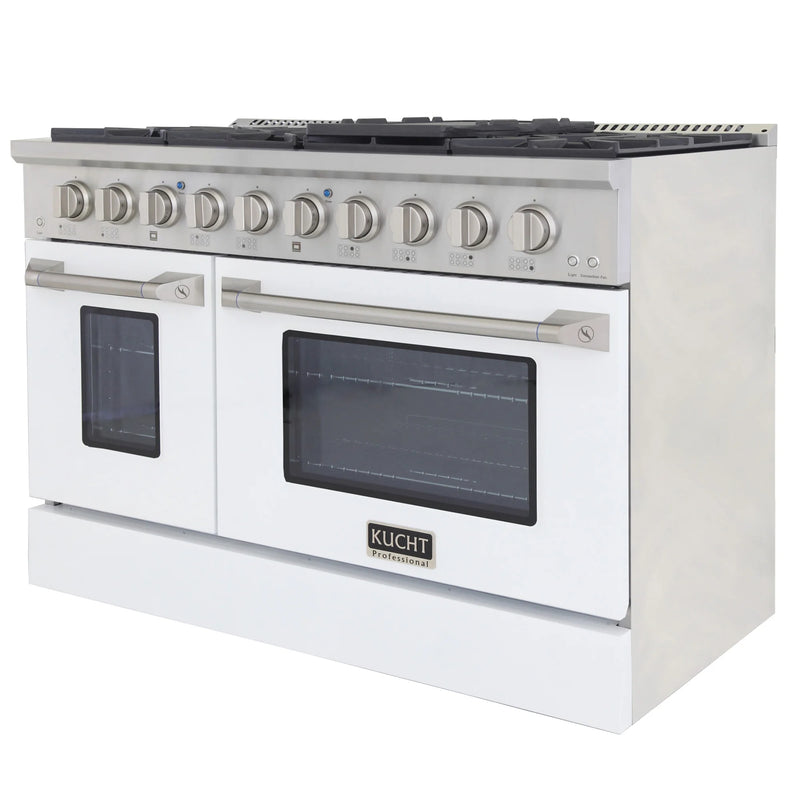 Kucht Professional 48" 6.7 cu ft. Propane Gas Dual Fuel Range with White Door and Silver Knobs, KDF482/LP-W