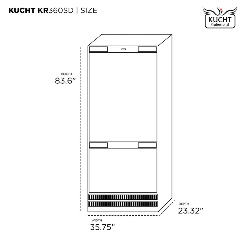 Kucht 36" Built-In Refrigerator in Custom Panel Ready, Bottom Freezer, Counter Depth with Ice Maker, KR360SD