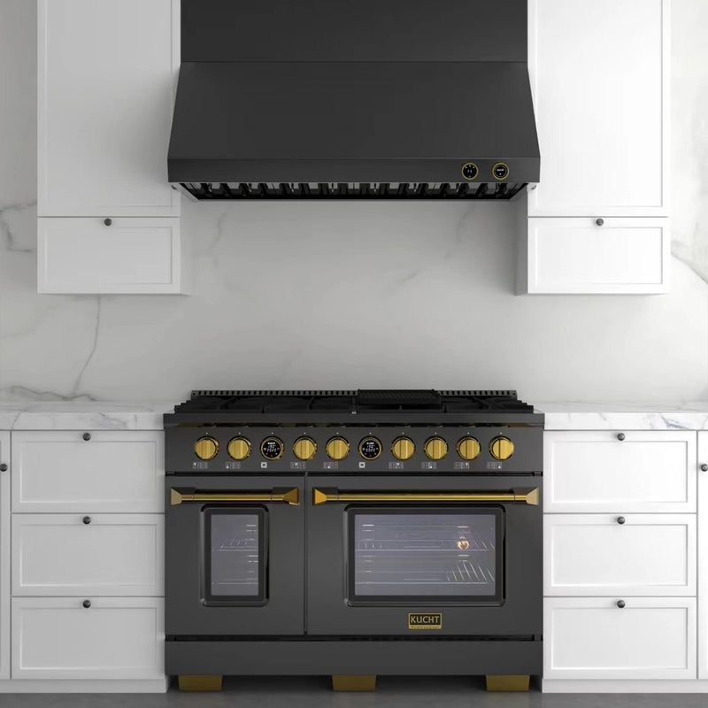 Kucht Professional 48" 6.7 cu ft. Propane Gas Dual Fuel Range in Titanium Stainless Steel with Gold Knobs, KXD48/LP