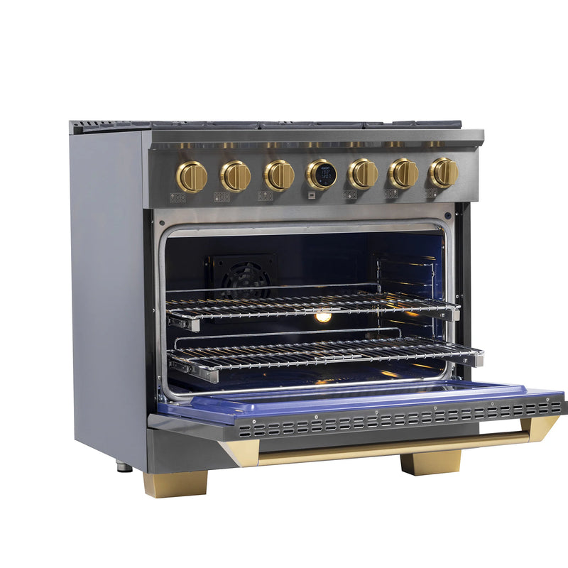 Kucht 36" 5.2 cu ft. Natural Gas Dual Fuel Range with Titanium Stainless Steel and Gold Knobs, KXD36
