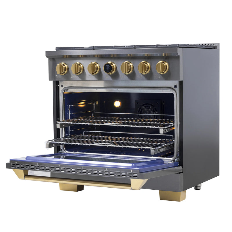 Kucht 36" 5.2 cu ft. Natural Gas Dual Fuel Range with Titanium Stainless Steel and Gold Knobs, KXD36