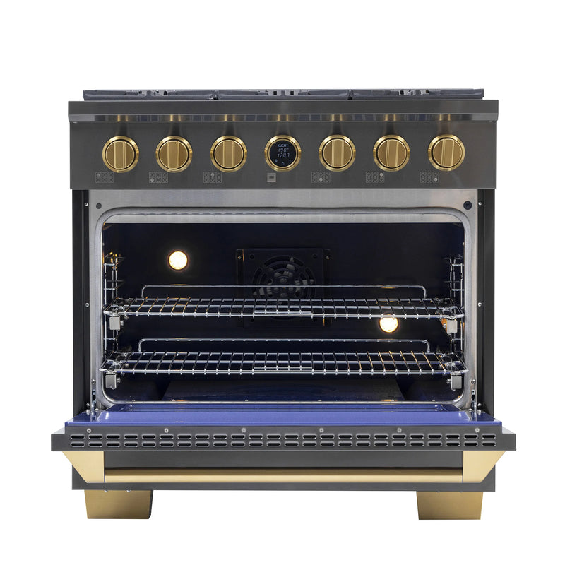 Kucht 36" 5.2 cu ft. Propane Gas Dual Fuel Range in Titanium Stainless Steel with Gold Knobs, KXD36/LP