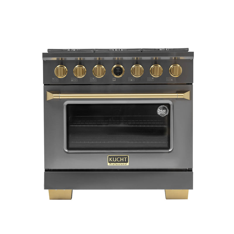 Kucht 36" 5.2 cu ft. Natural Gas Dual Fuel Range with Titanium Stainless Steel and Gold Knobs, KXD36