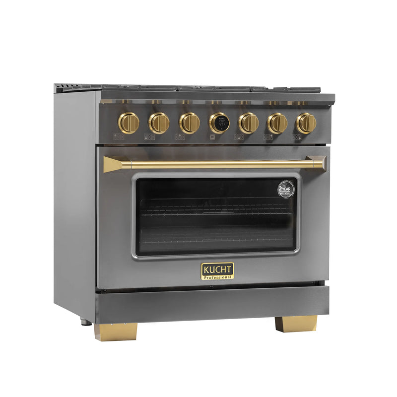 Kucht 36" 5.2 cu ft. Propane Gas Dual Fuel Range in Titanium Stainless Steel with Gold Knobs, KXD36/LP