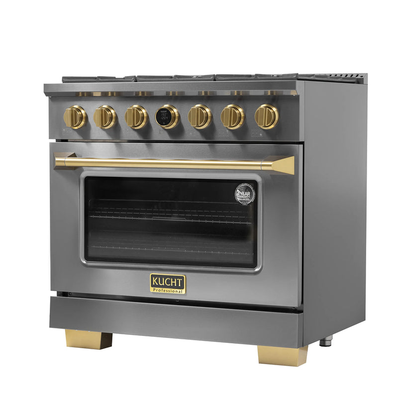 Kucht 36" 5.2 cu ft. Natural Gas Dual Fuel Range with Titanium Stainless Steel and Gold Knobs, KXD36