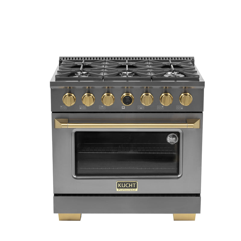 Kucht 36" 5.2 cu ft. Natural Gas Dual Fuel Range with Titanium Stainless Steel and Gold Knobs, KXD36