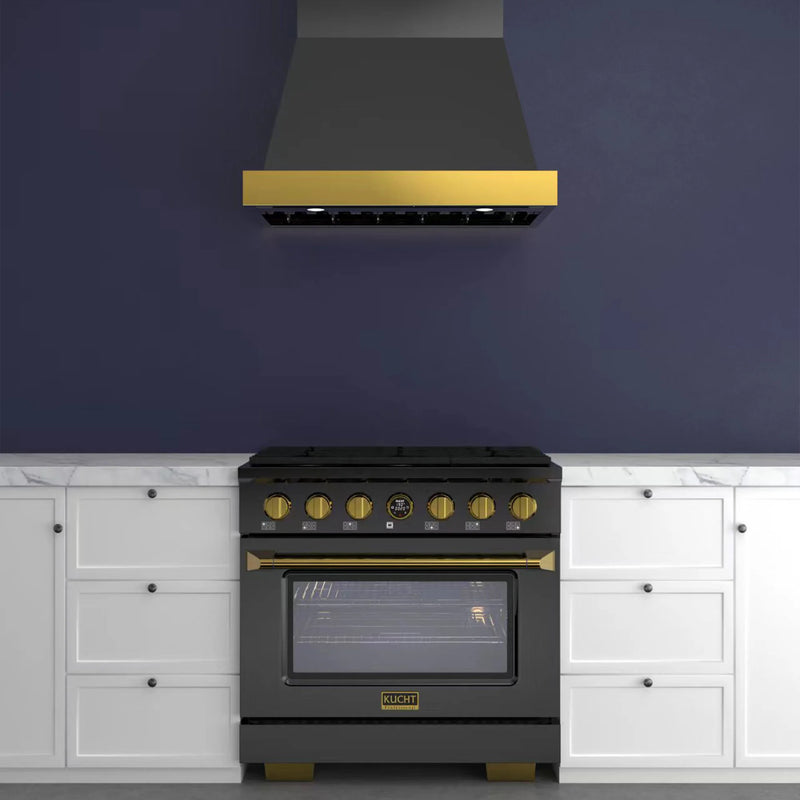 Kucht 36" 5.2 cu ft. Propane Gas Dual Fuel Range in Titanium Stainless Steel with Gold Knobs, KXD36/LP