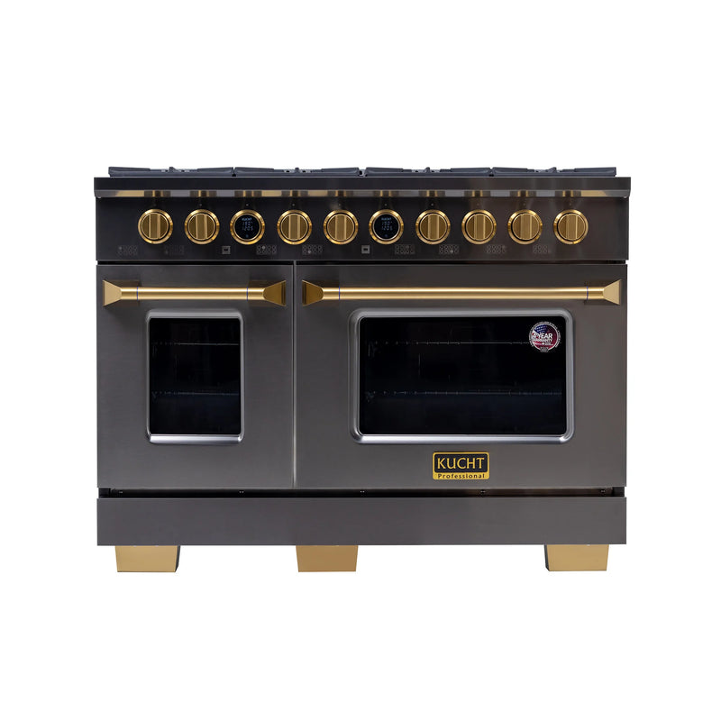 Kucht Professional 48" 6.7 cu ft. Natural Gas Dual Fuel Range in Titanium Stainless Steel with Gold Knobs, KXD48
