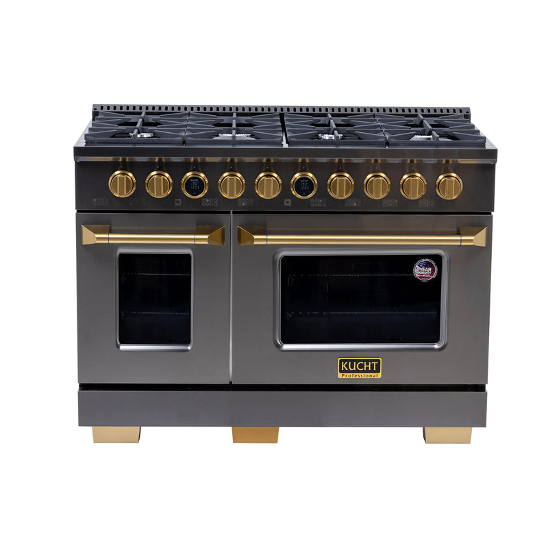 Kucht Professional 48" 6.7 cu ft. Propane Gas Dual Fuel Range in Titanium Stainless Steel with Gold Knobs, KXD48/LP