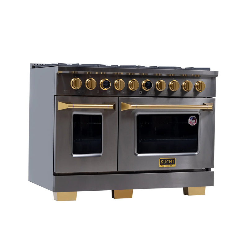 Kucht Professional 48" 6.7 cu ft. Propane Gas Dual Fuel Range in Titanium Stainless Steel with Gold Knobs, KXD48/LP