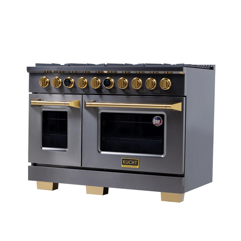 Kucht Professional 48" 6.7 cu ft. Propane Gas Dual Fuel Range in Titanium Stainless Steel with Gold Knobs, KXD48/LP