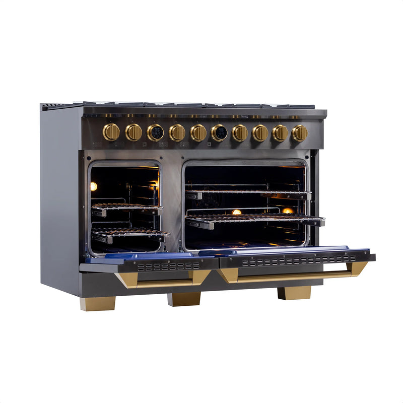 Kucht Professional 48" 6.7 cu ft. Propane Gas Dual Fuel Range in Titanium Stainless Steel with Gold Knobs, KXD48/LP