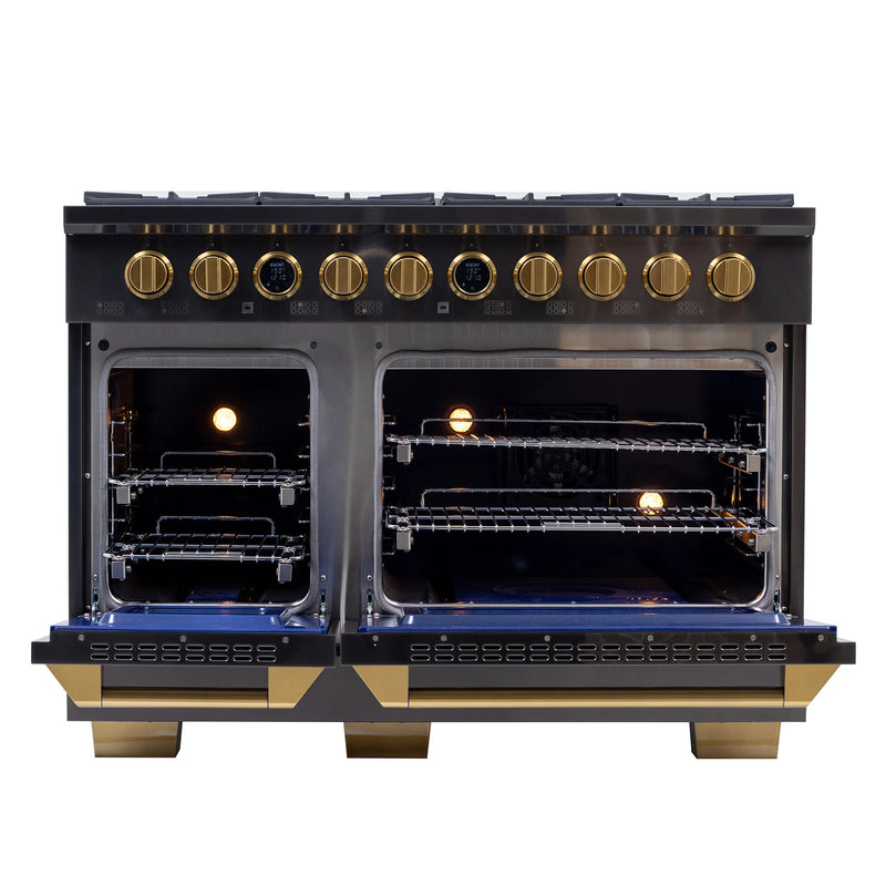 Kucht Professional 48" 6.7 cu ft. Propane Gas Dual Fuel Range in Titanium Stainless Steel with Gold Knobs, KXD48/LP