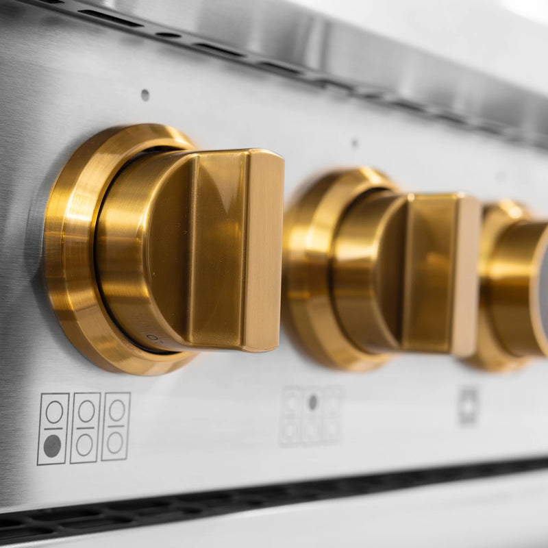 Kucht 36" 5.2 cu ft. Propane Gas Dual Fuel Range in Stainless Steel with Gold Knobs, KXP36-GL/LP