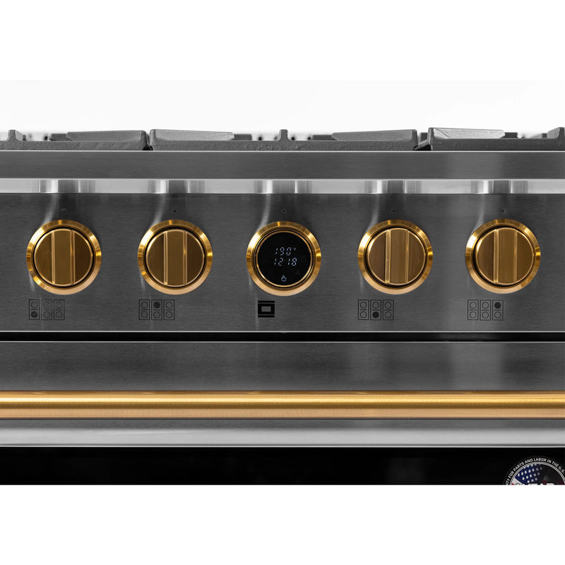 Kucht 36" 5.2 cu ft. Propane Gas Dual Fuel Range in Stainless Steel with Gold Knobs, KXP36-GL/LP