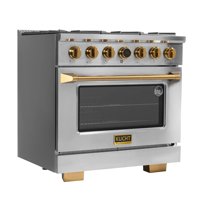Kucht 36" 5.2 cu ft. Propane Gas Dual Fuel Range in Stainless Steel with Gold Knobs, KXP36-GL/LP
