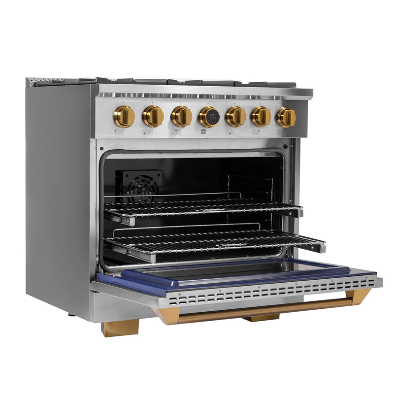 Kucht 36" 5.2 cu ft. Propane Gas Dual Fuel Range in Stainless Steel with Gold Knobs, KXP36-GL/LP