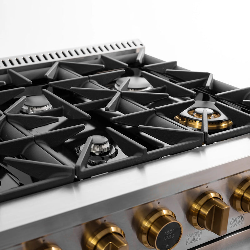 Kucht 36" 5.2 cu ft. Propane Gas Dual Fuel Range in Stainless Steel with Gold Knobs, KXP36-GL/LP