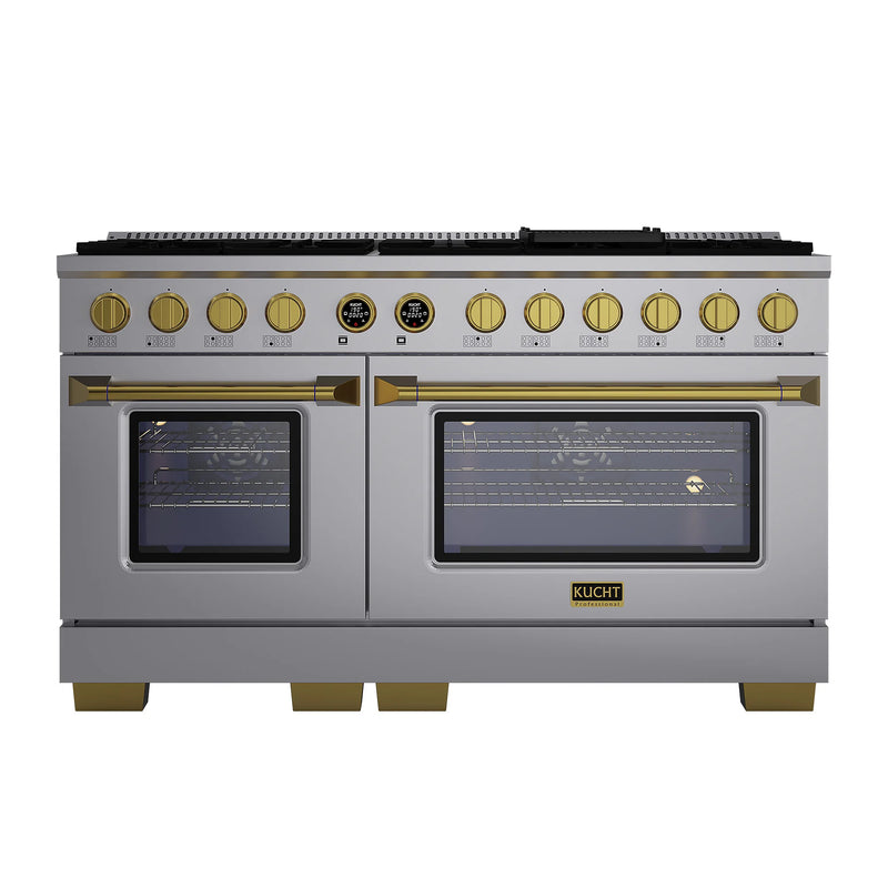 Kucht Horus 60" 7.9 cu ft. Propane Gas Dual Fuel Range in Stainless Steel with Gold Knobs, KXP60-GL/LP