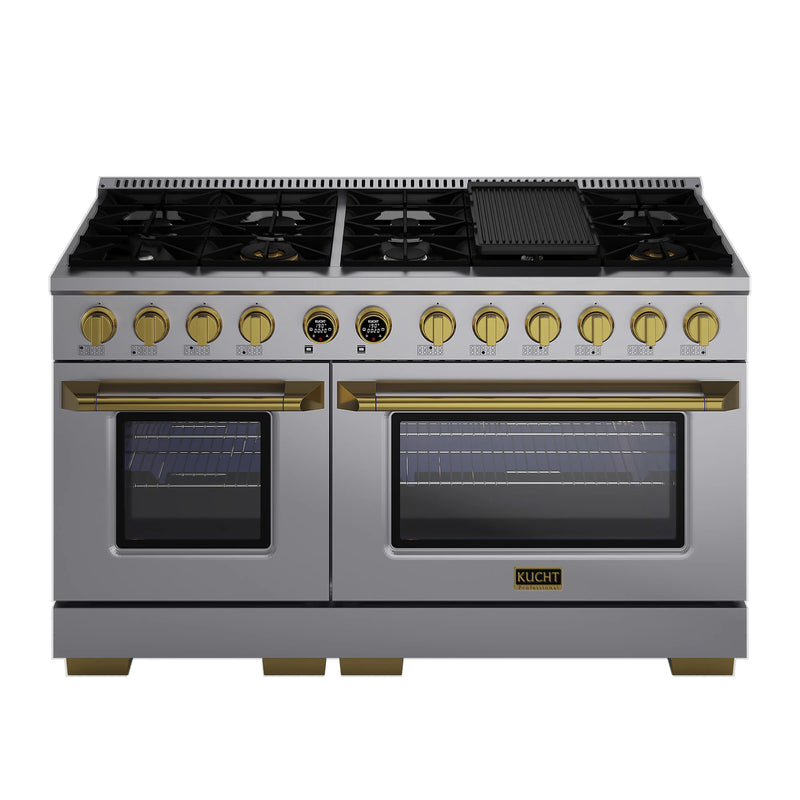 Kucht Horus 60" 7.9 cu ft. Propane Gas Dual Fuel Range in Stainless Steel with Gold Knobs, KXP60-GL/LP
