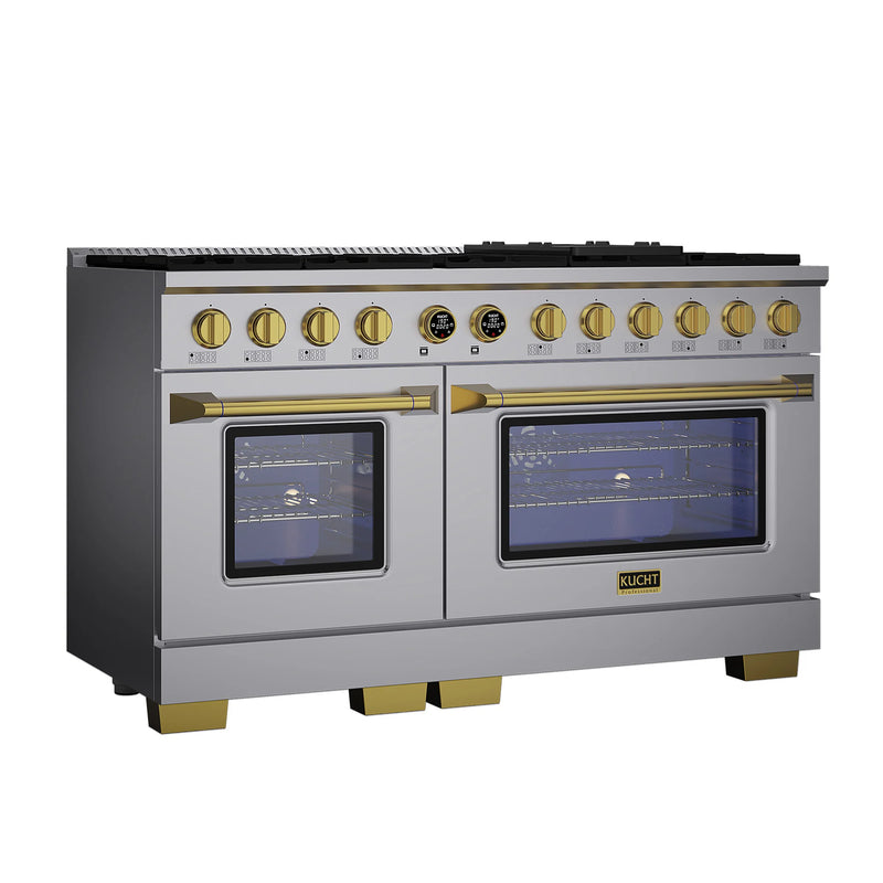 Kucht Horus 60" 7.9 cu ft. Propane Gas Dual Fuel Range in Stainless Steel with Gold Knobs, KXP60-GL/LP